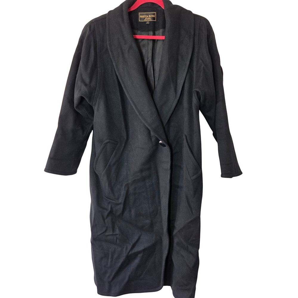 Vintage Kristen Blake Black Shawl Collar Long Coat 80s 90s Womens Size 2